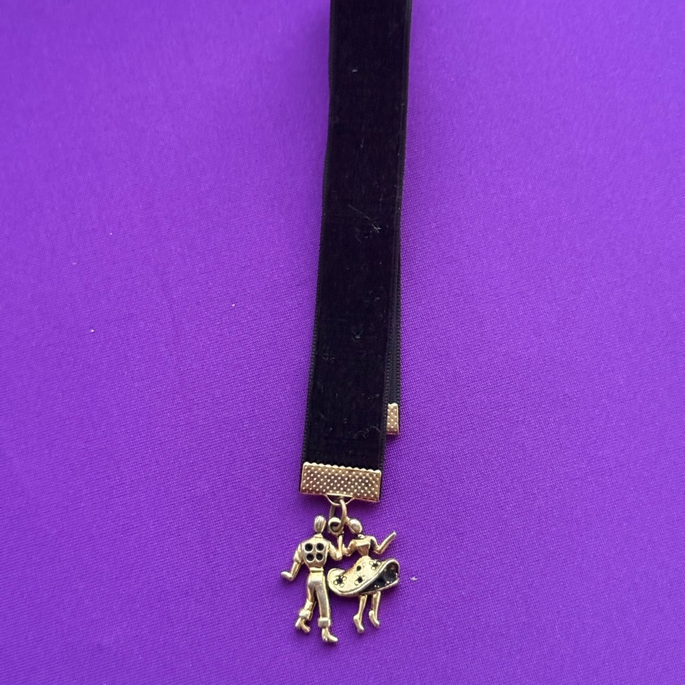 Black Velvet Ribbon Bookmark with Dancing Couple Gold and Black Pendant